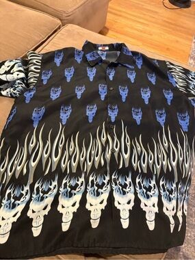 Scorpio USA Button Down Shirt Mens 3XL Black Blue Flaming Skull Graphic Y2K Good